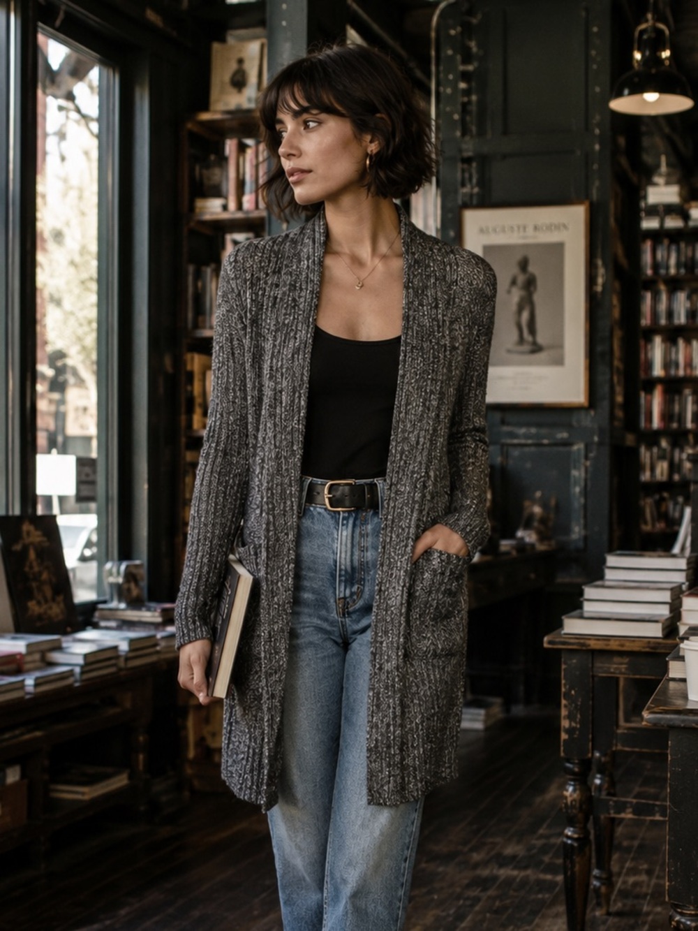 PINS AND NEEDLES Cozy Chunky Cabincore Gray Wool Blend Marled Open Cardigan, M